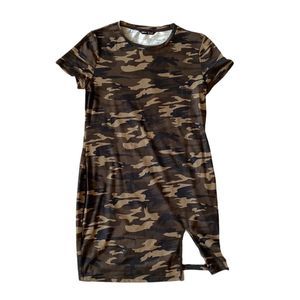 SHEIN Camo Dress Mini MIDI Bodycon Green Summer Short Sleeves Slit Skirt XL